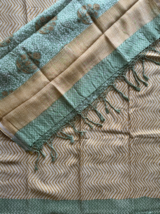 Sage Green Pure Mulmul Cotton Suit Set | Floral Jaal Block Print & Zig-Zag Dupatta
