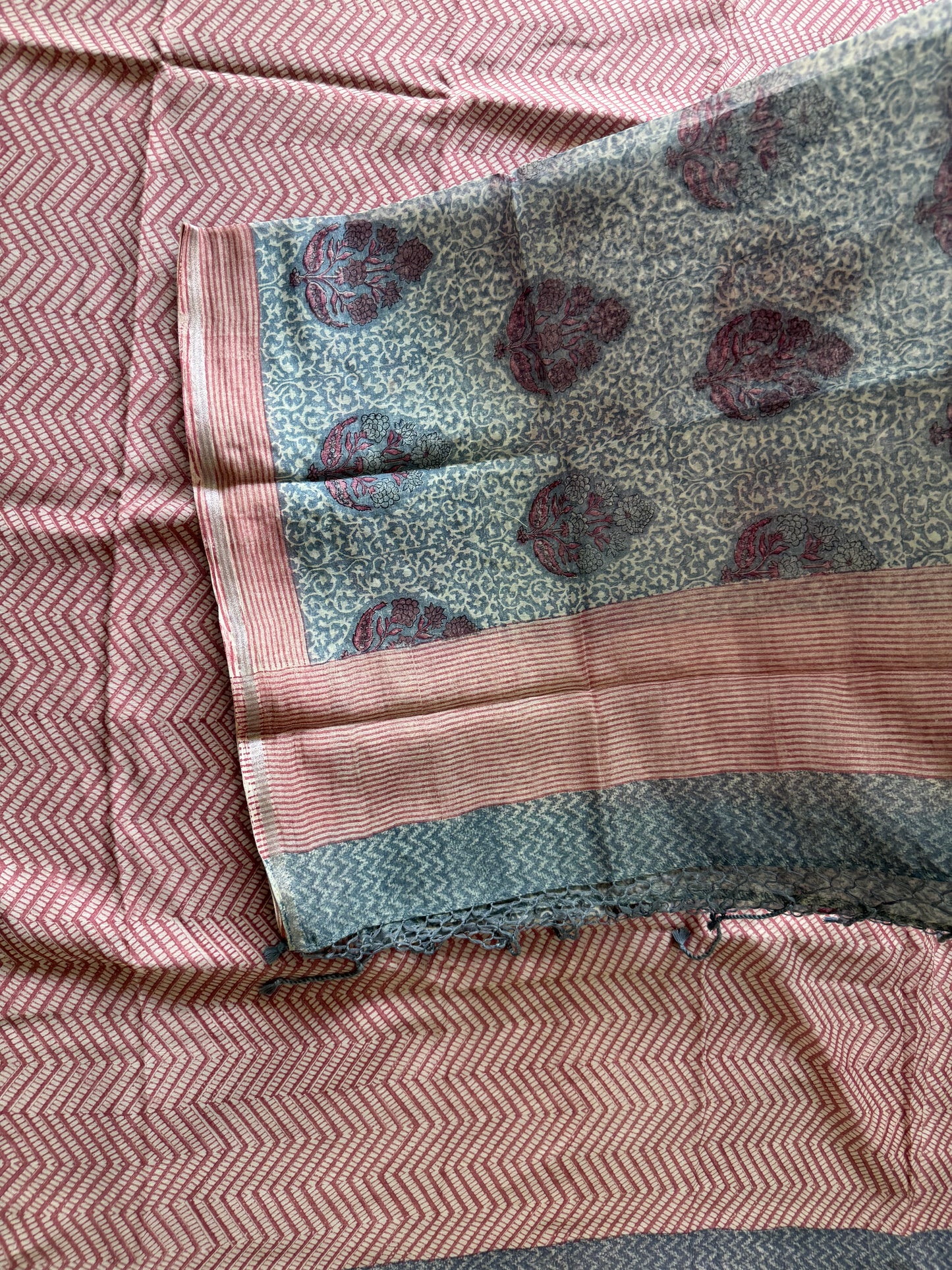 Dusty Blue Pure Mulmul Cotton Suit Set | Floral Buta Block Print & Zig-Zag Dupatta