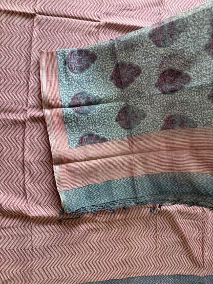 Dusty Blue Pure Mulmul Cotton Suit Set | Floral Buta Block Print & Zig-Zag Dupatta