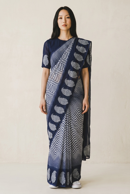 Navy Blue Organza Silk Saree | Zig Zag Print & Zari Embroidered Buta