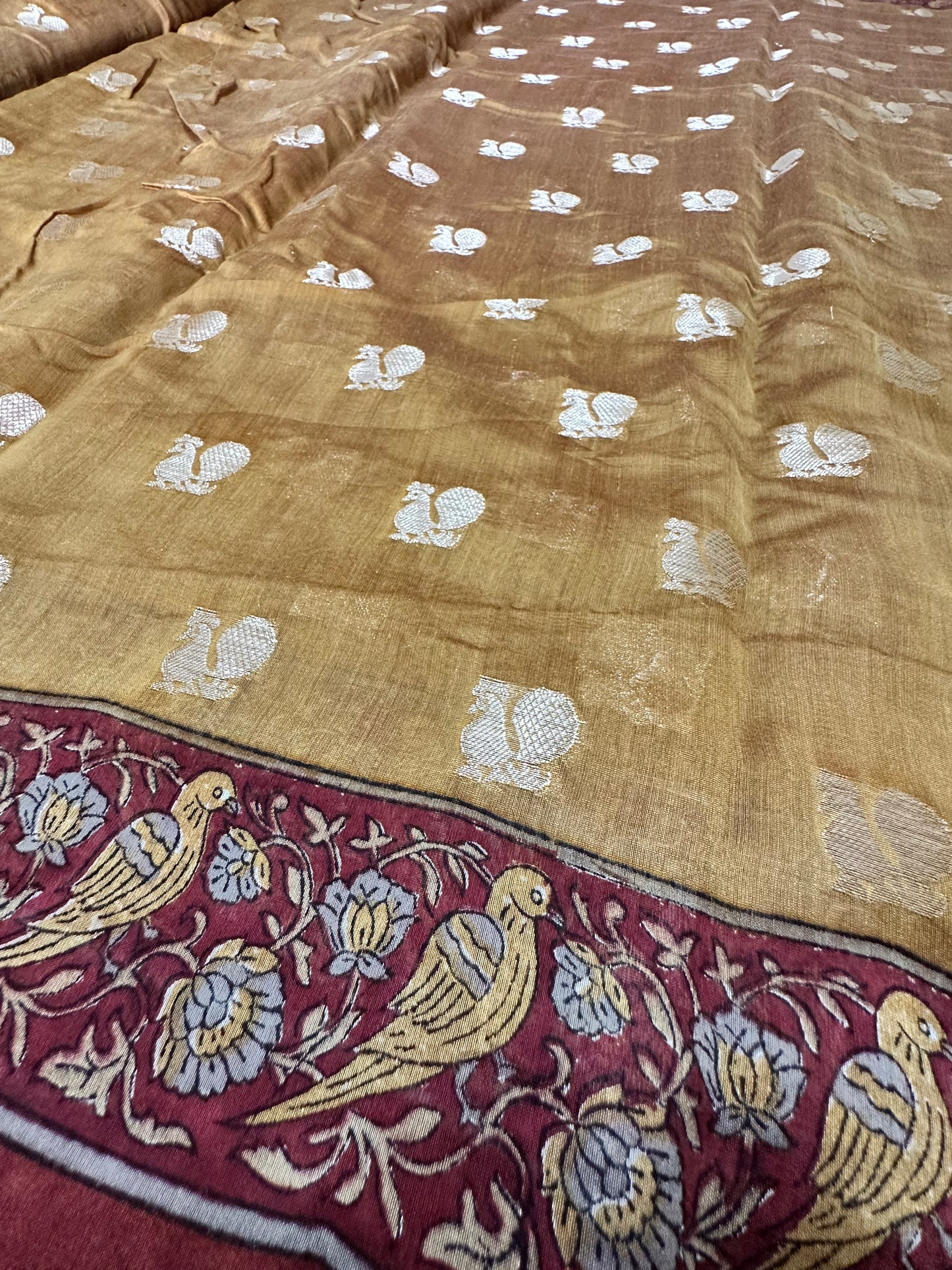 Golden Chanderi Saree | Zari Bird Buti & Printed Peacock Border