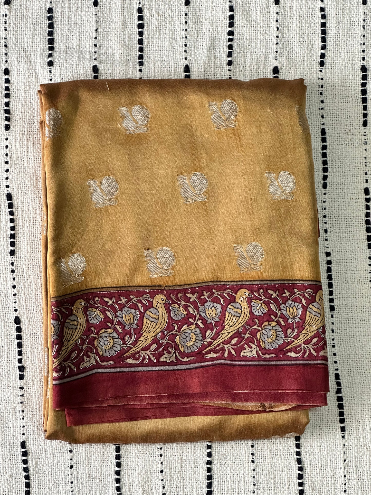 Golden Chanderi Saree | Zari Bird Buti & Printed Peacock Border
