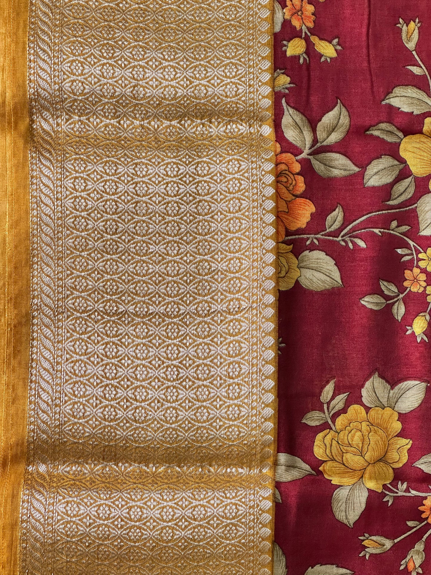 Golden Assam Silk Saree | Rose Floral Print & Gold Zari Border