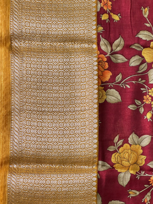 Golden Assam Silk Saree | Rose Floral Print & Gold Zari Border