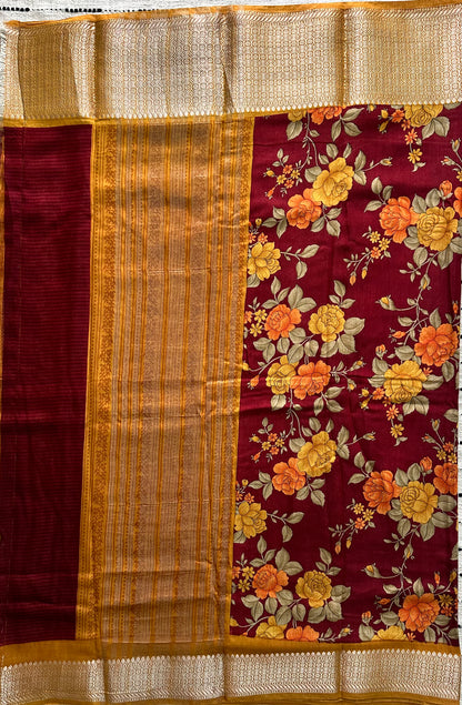 Golden Assam Silk Saree | Rose Floral Print & Gold Zari Border