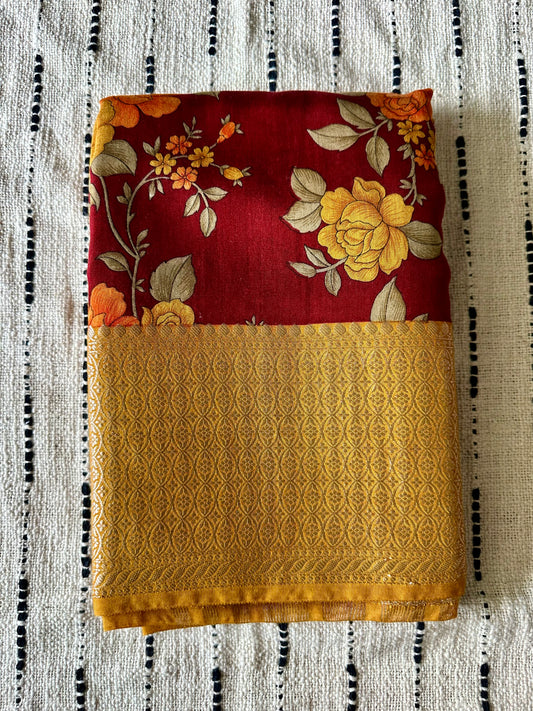 Golden Assam Silk Saree | Rose Floral Print & Gold Zari Border