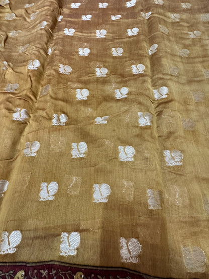 Golden Chanderi Saree | Zari Bird Buti & Printed Peacock Border