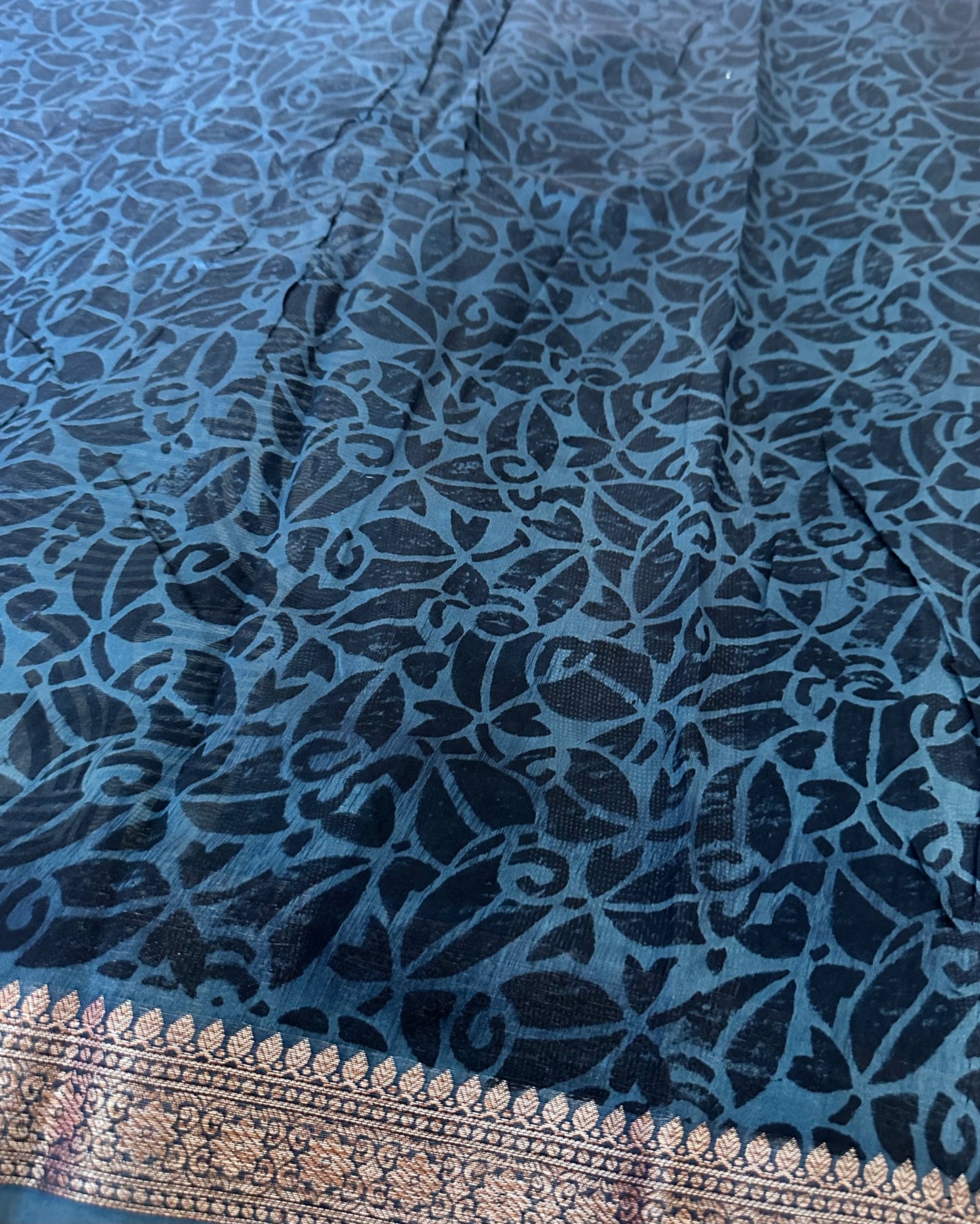 Blue Chanderi Block Printed Saree | Geometric Arc & Zari Border