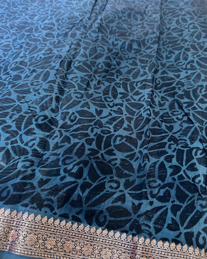 Blue Chanderi Block Printed Saree | Geometric Arc & Zari Border