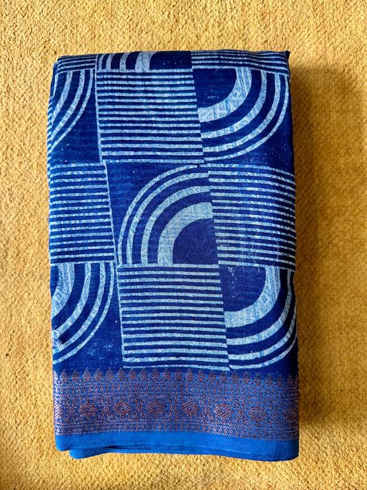 Blue Chanderi Block Printed Saree | Geometric Arc & Zari Border