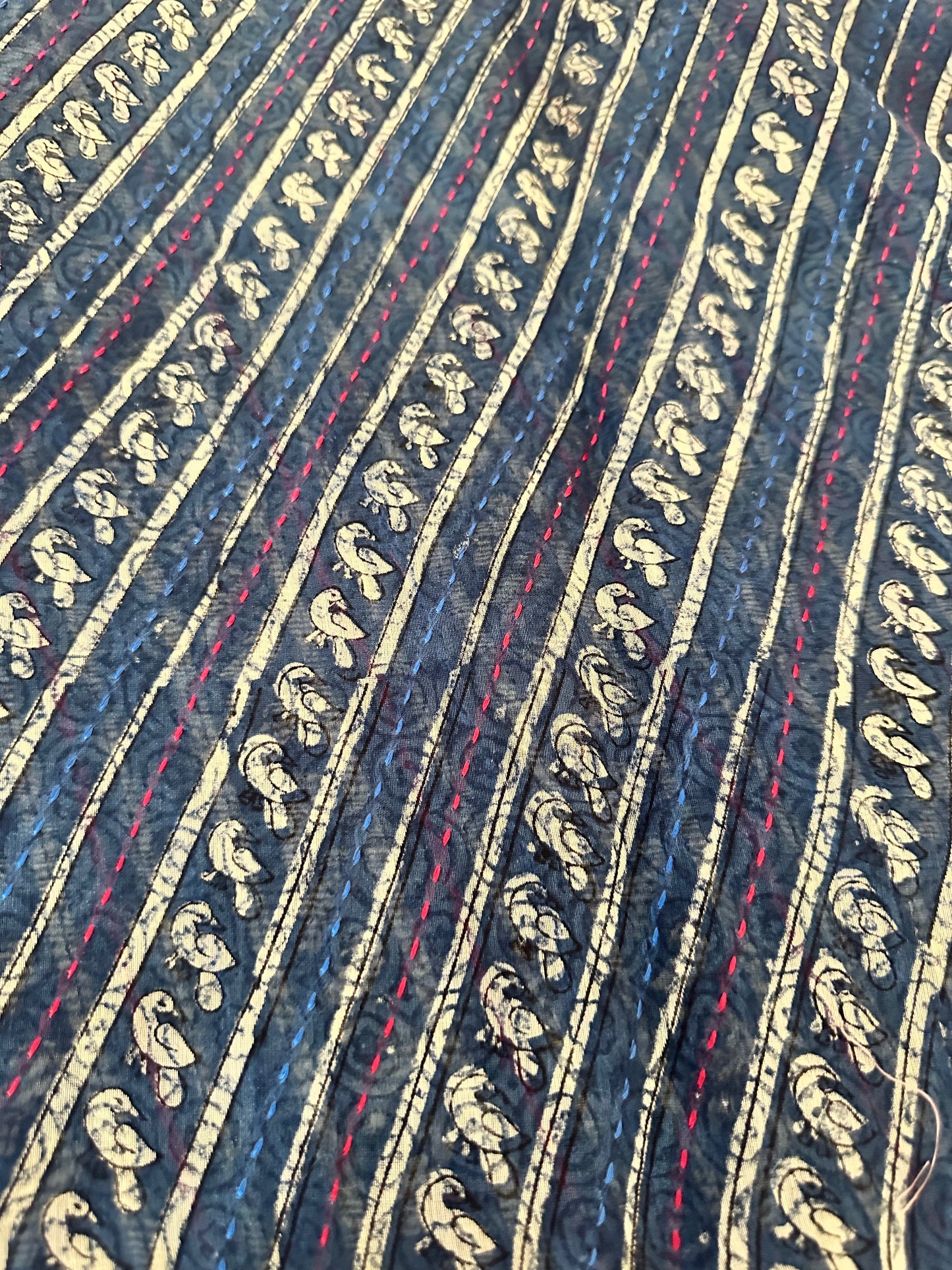 Blue & Red Chanderi Saree | Diagonal Print & Kantha Embroidery