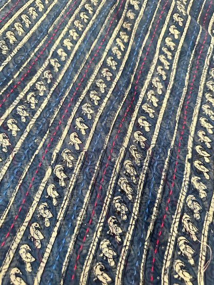 Blue & Red Chanderi Saree | Diagonal Print & Kantha Embroidery