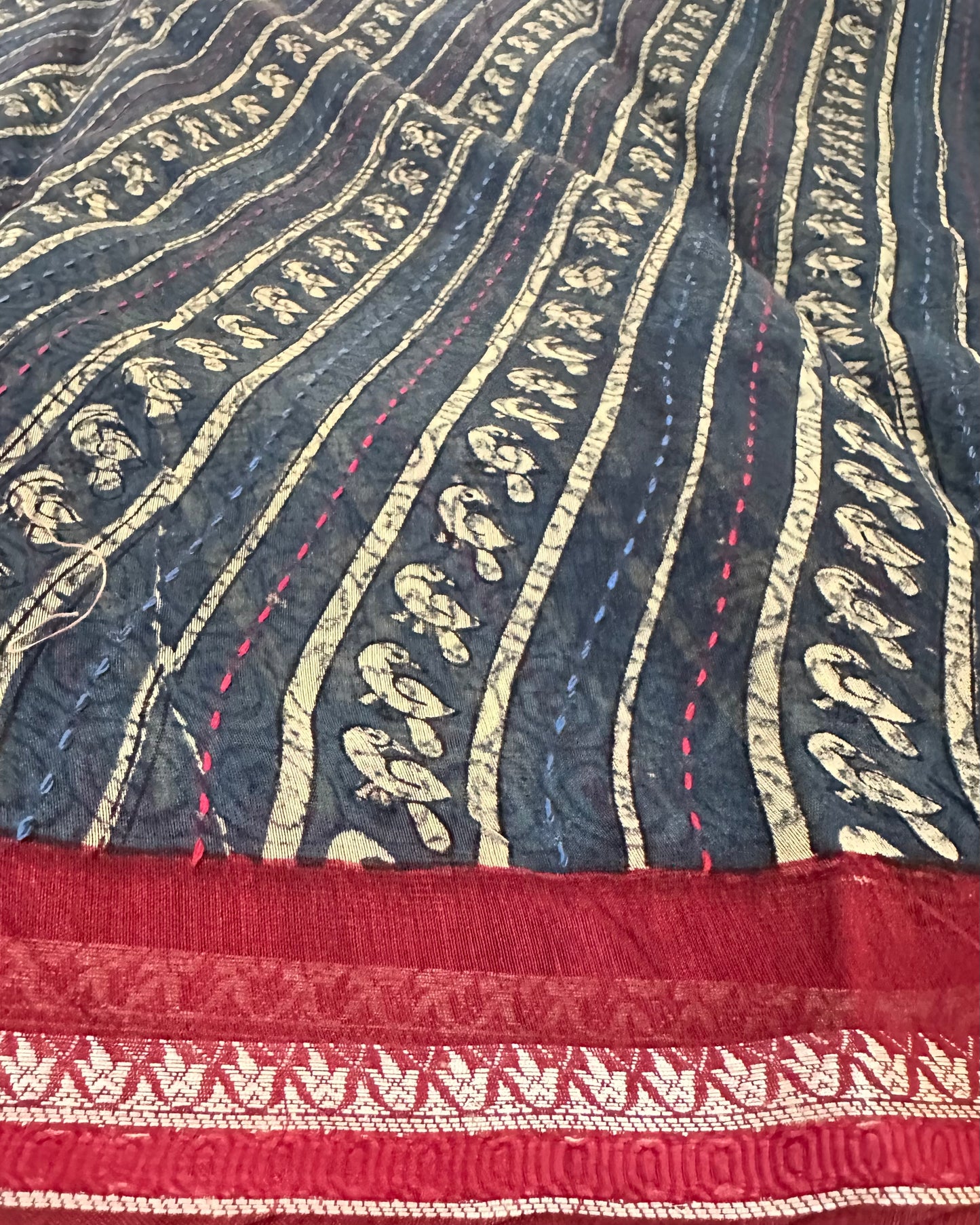 Blue & Red Chanderi Saree | Diagonal Print & Kantha Embroidery
