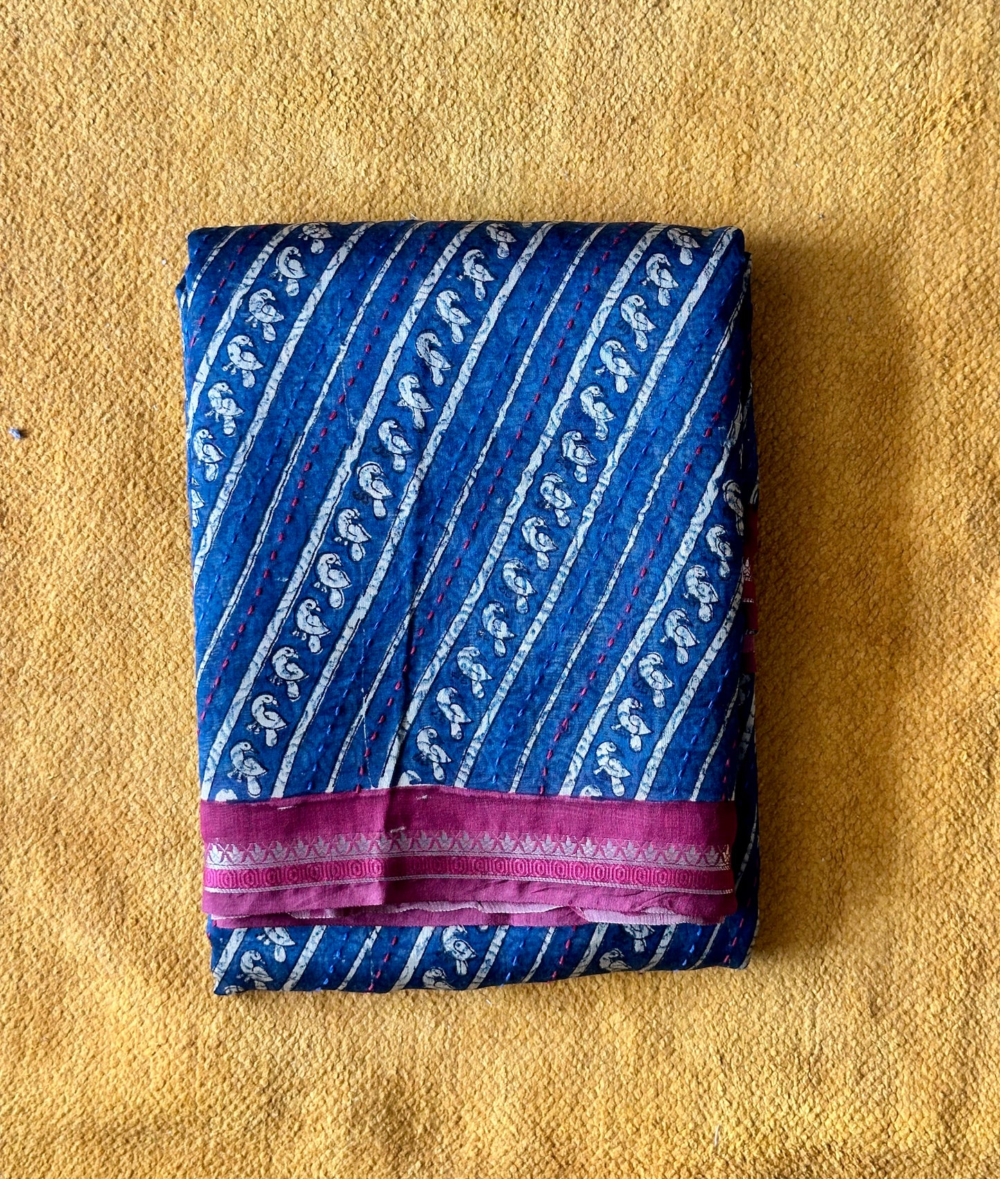 Blue & Red Chanderi Saree | Diagonal Print & Kantha Embroidery