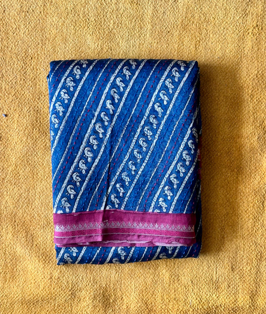 Blue & Red Chanderi Saree | Diagonal Print & Kantha Embroidery