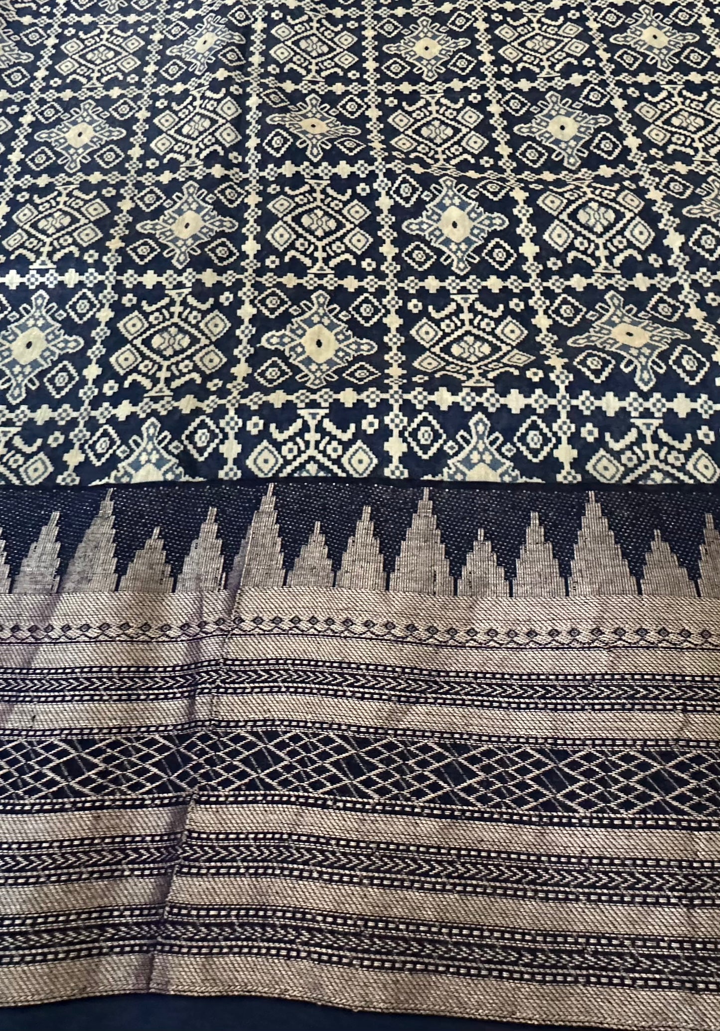 Royal Blue Assam Silk Saree | Geometric Ikat Weave & Temple Zari Border