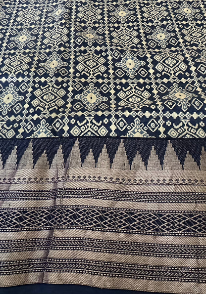 Royal Blue Assam Silk Saree | Geometric Ikat Weave & Temple Zari Border