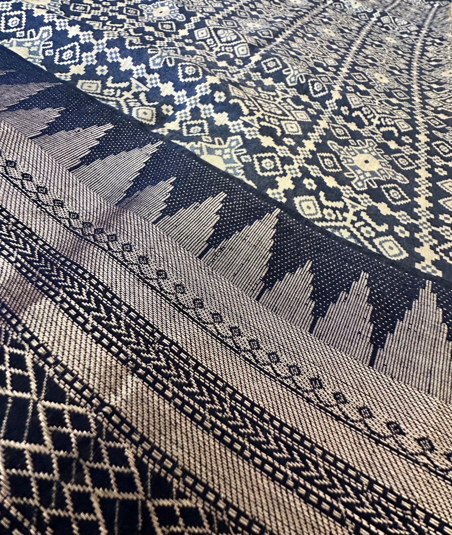 Royal Blue Assam Silk Saree | Geometric Ikat Weave & Temple Zari Border