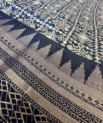 Royal Blue Assam Silk Saree | Geometric Ikat Weave & Temple Zari Border