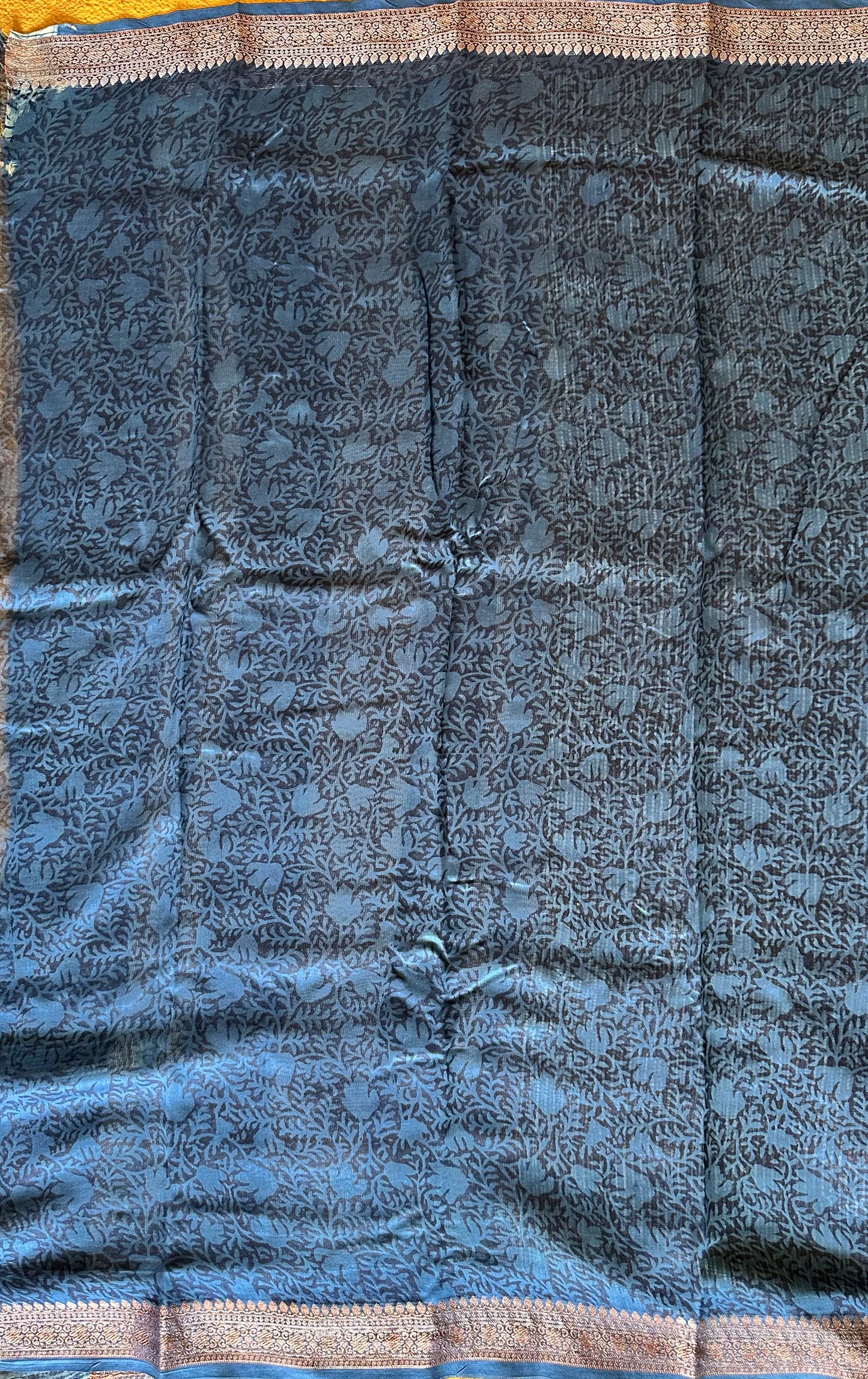 Indigo Blue Chanderi Block Printed Saree | Floral & Geometric Jaal