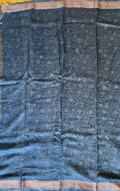 Indigo Blue Chanderi Block Printed Saree | Floral & Geometric Jaal