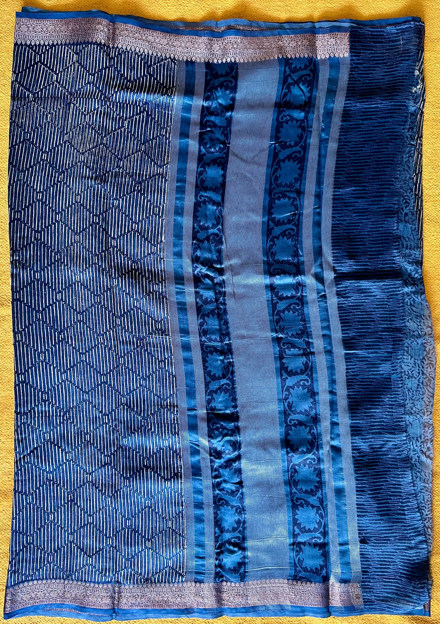 Indigo Blue Chanderi Block Printed Saree | Floral & Geometric Jaal
