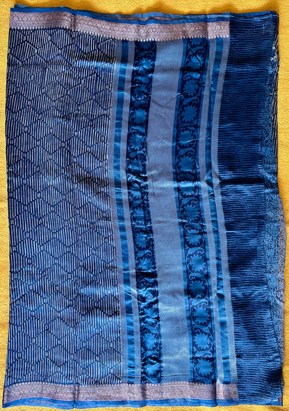 Indigo Blue Chanderi Block Printed Saree | Floral & Geometric Jaal