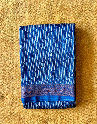 Indigo Blue Chanderi Block Printed Saree | Floral & Geometric Jaal