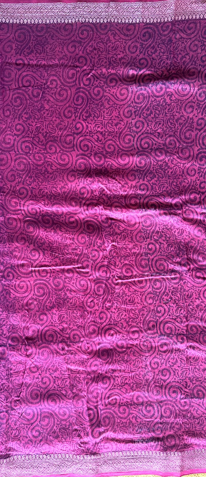 Blue & Wine Chanderi Block Printed Saree | Multi-Print Pallu