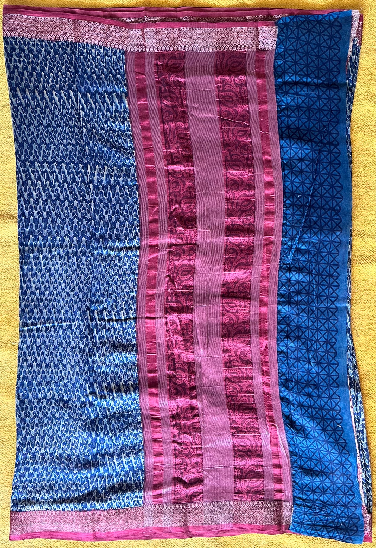 Blue & Wine Chanderi Block Printed Saree | Multi-Print Pallu