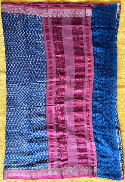 Blue & Wine Chanderi Block Printed Saree | Multi-Print Pallu