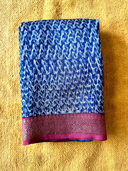 Blue & Wine Chanderi Block Printed Saree | Multi-Print Pallu