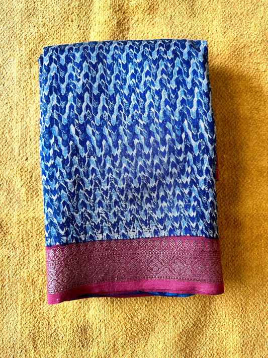 Blue & Wine Chanderi Block Printed Saree | Multi-Print Pallu