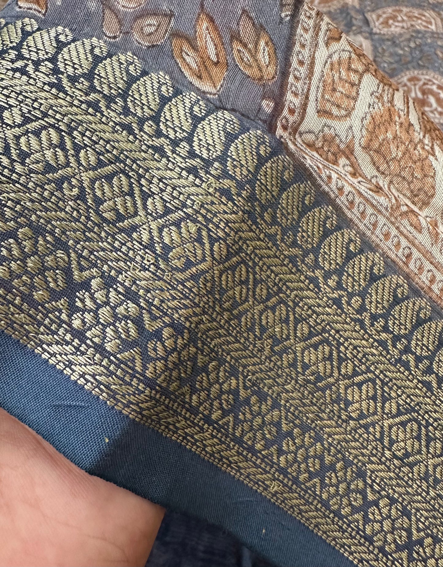Grey Blue Chanderi Block Printed Saree | Peacock Motif