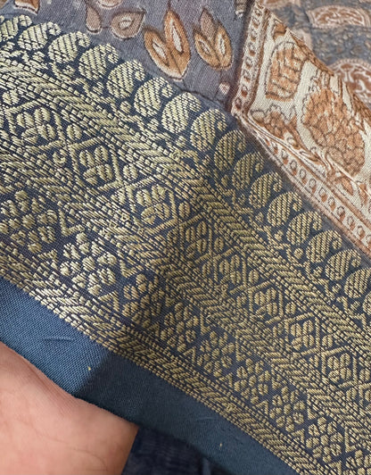 Grey Blue Chanderi Block Printed Saree | Peacock Motif