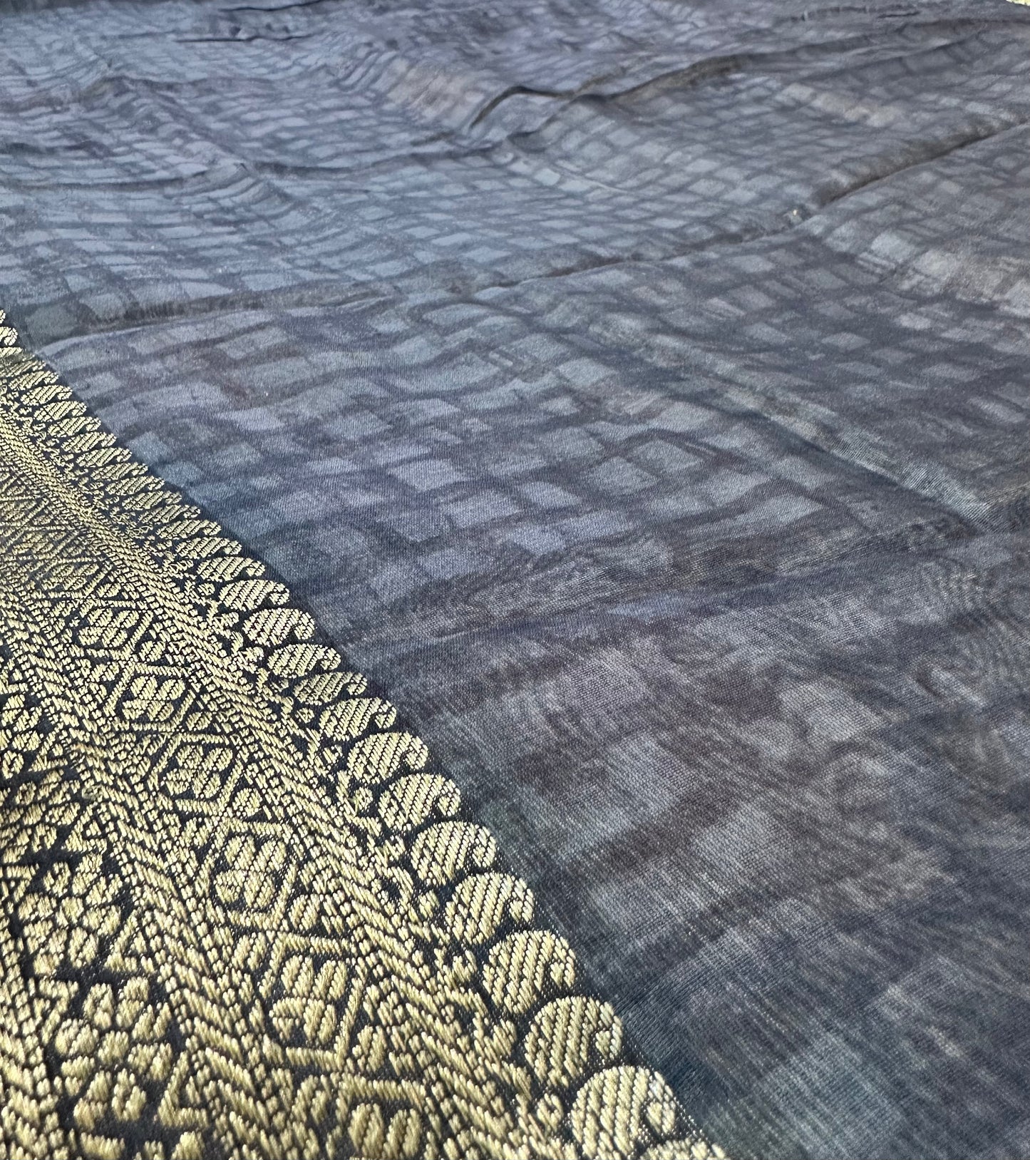 Grey Blue Chanderi Block Printed Saree | Peacock Motif