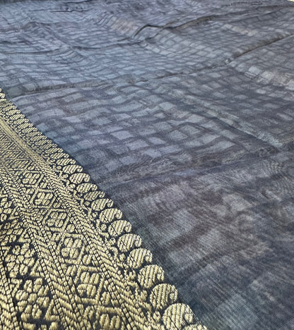 Grey Blue Chanderi Block Printed Saree | Peacock Motif