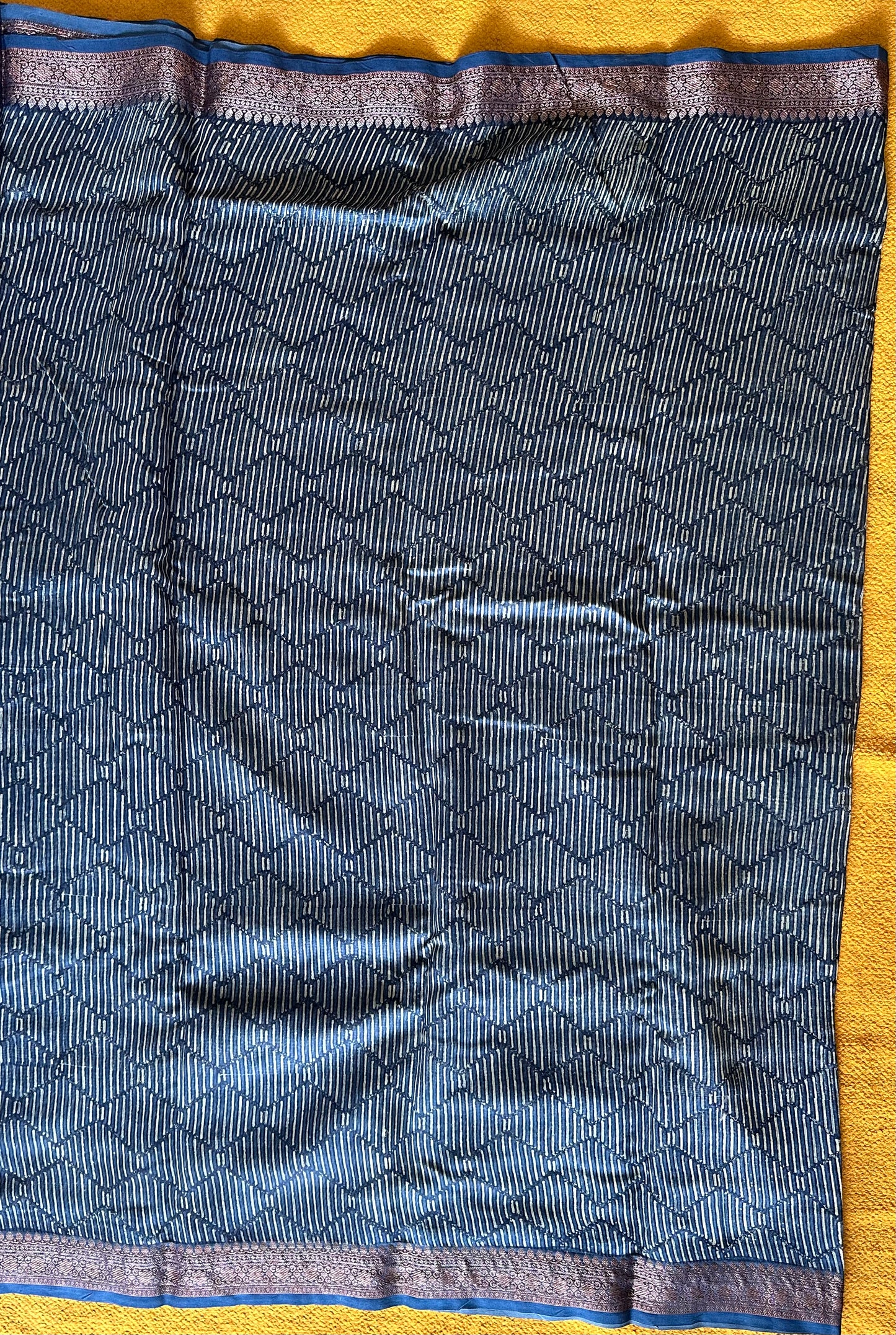Indigo Blue Chanderi Block Printed Saree | Floral & Geometric Jaal