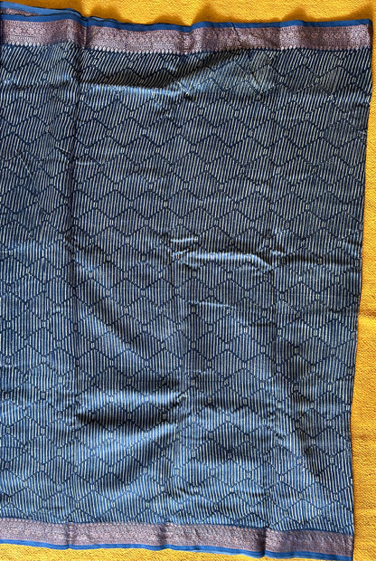 Indigo Blue Chanderi Block Printed Saree | Floral & Geometric Jaal