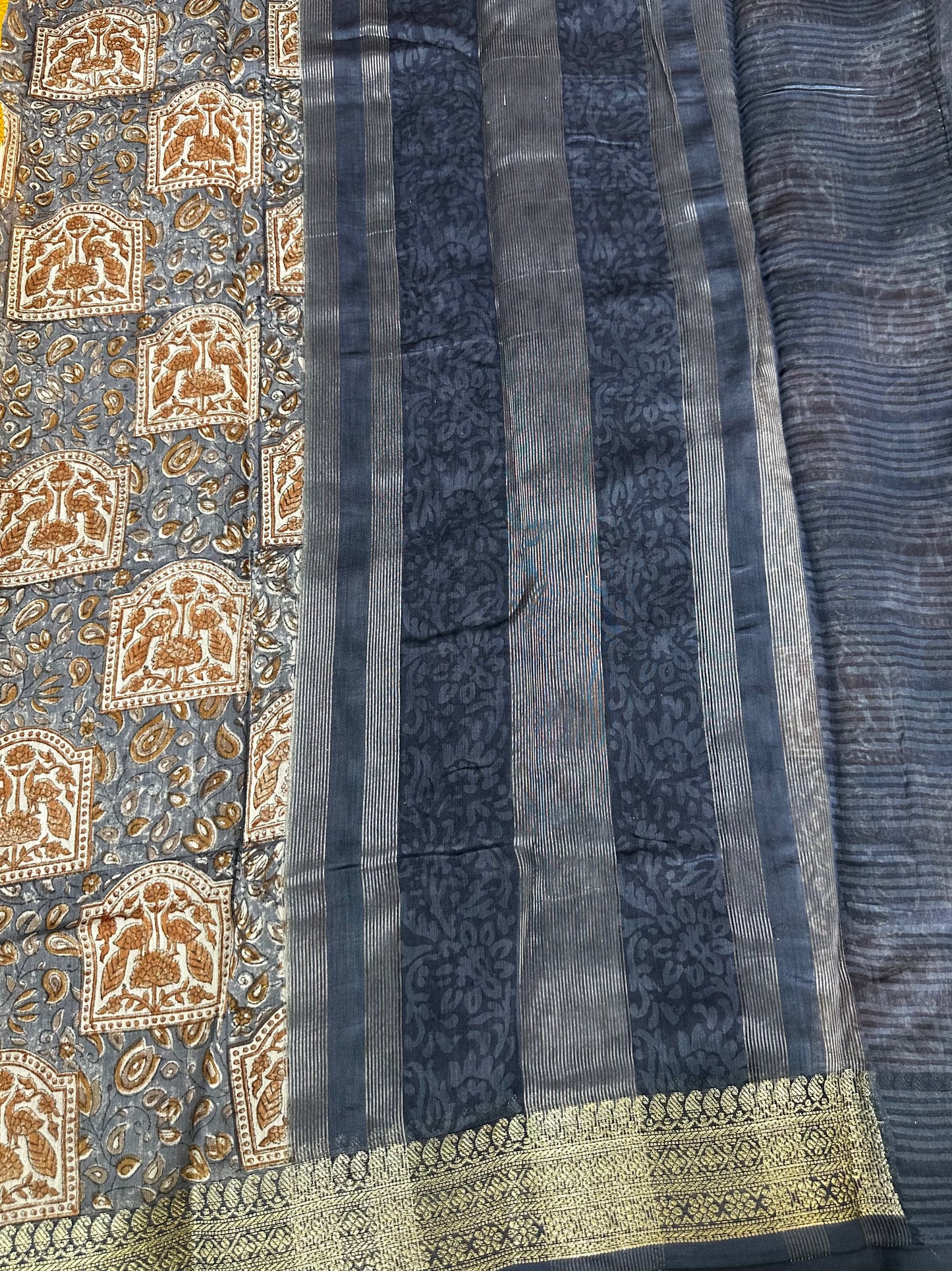 Grey Blue Chanderi Block Printed Saree | Peacock Motif