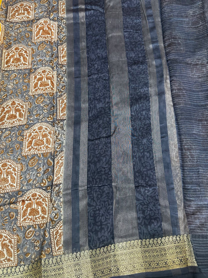 Grey Blue Chanderi Block Printed Saree | Peacock Motif