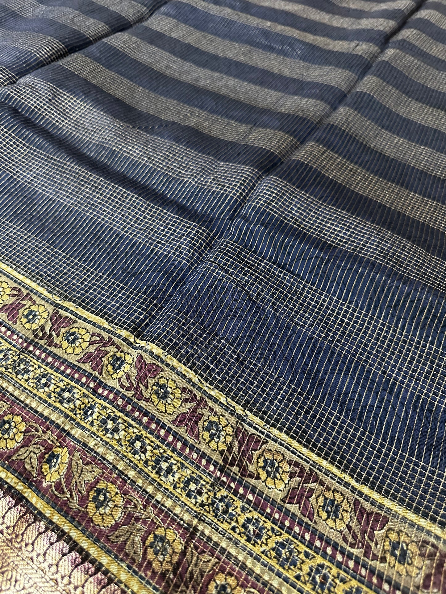 Blue Chanderi Block Printed Saree | Mehrab Floral Print & Gold Zari Border
