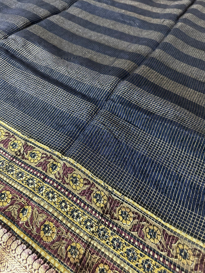 Blue Chanderi Block Printed Saree | Mehrab Floral Print & Gold Zari Border