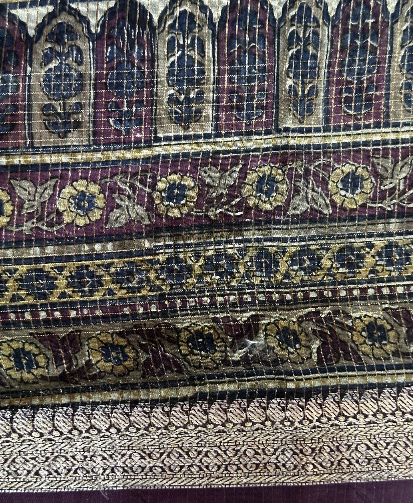 Blue Chanderi Block Printed Saree | Mehrab Floral Print & Gold Zari Border
