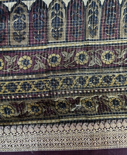 Blue Chanderi Block Printed Saree | Mehrab Floral Print & Gold Zari Border