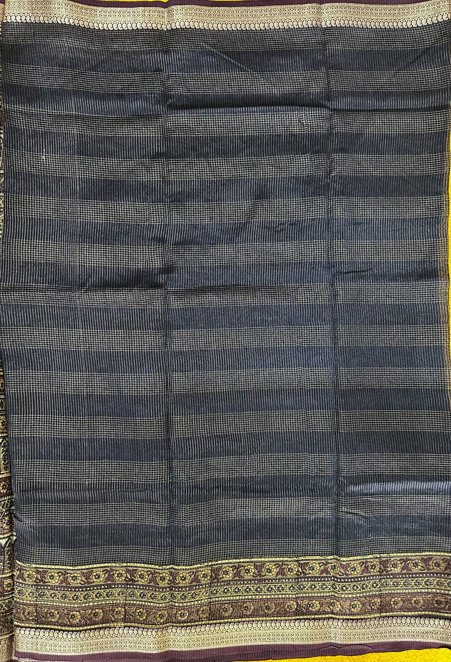 Blue Chanderi Block Printed Saree | Mehrab Floral Print & Gold Zari Border