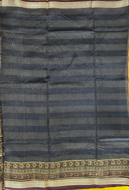 Blue Chanderi Block Printed Saree | Mehrab Floral Print & Gold Zari Border