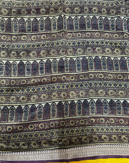 Blue Chanderi Block Printed Saree | Mehrab Floral Print & Gold Zari Border