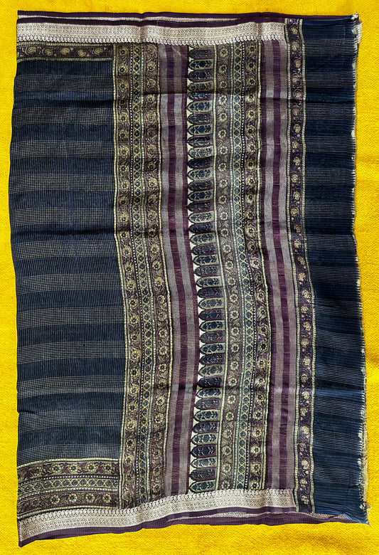 Blue Chanderi Block Printed Saree | Mehrab Floral Print & Gold Zari Border