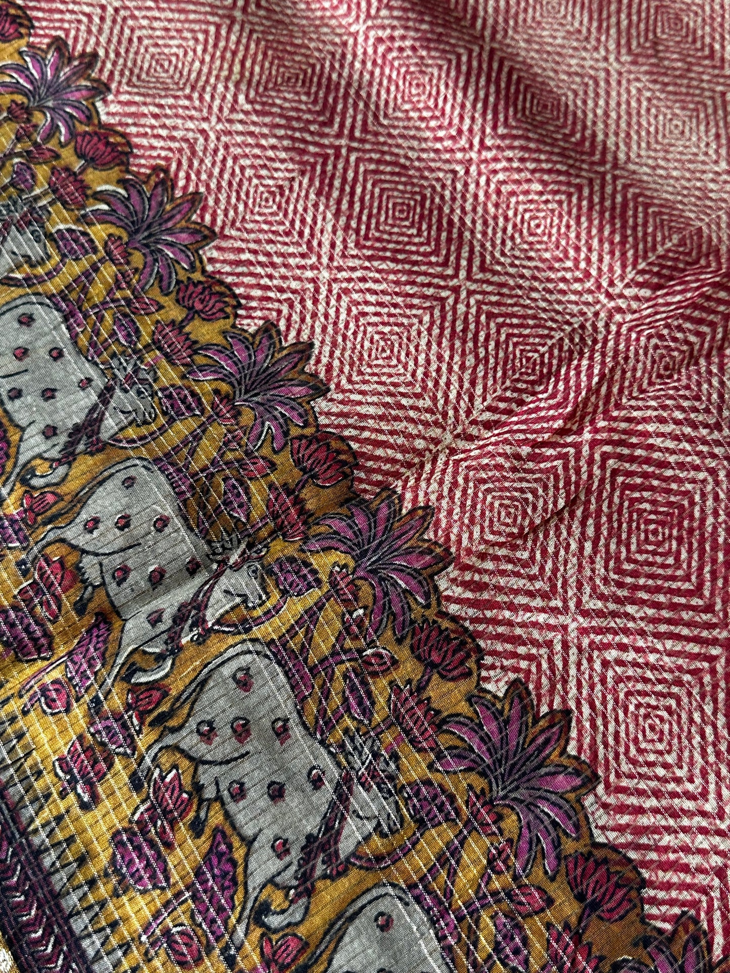 Red & Gold Chanderi Block Printed Saree | Pichwai Art